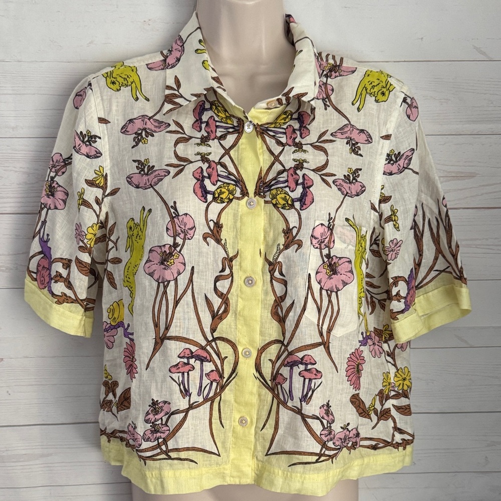 Tory Burch Sz M Botanical Linen Camp Shirt Yellow, Pink & Brown Bunnies Flowers